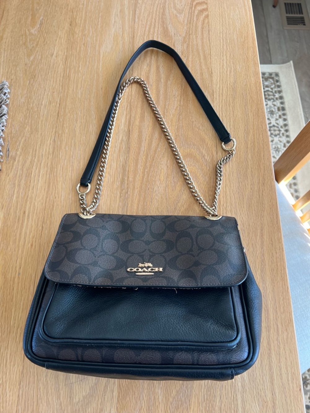 Coach Brown Signature Canvas and Black Leather Shoulder Bag with Gold Chain
